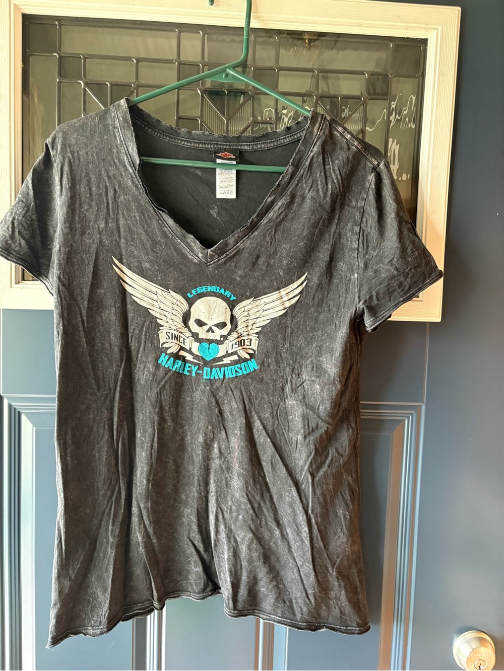Harley-Davidson Black V-Neck Skull & Wings Tee with Turquoise Accents